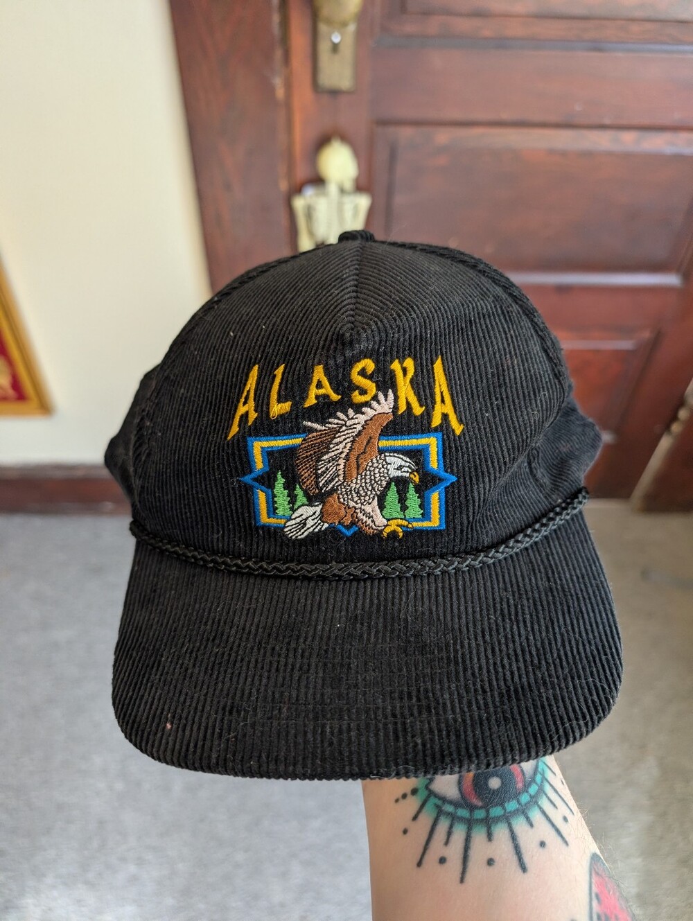 Vintage Alaska Corduroy Hat Eagle Corded Rope Accent In Black Adjustable Back